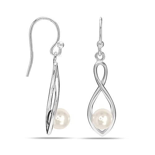 Charmsy 925 Sterling Silver Double Twisted Infinity Dangle Earrings for Women | Linear Marquise Large Loops Classic Infinity Drop Dangle Earrings - color: Infinity with Pearl