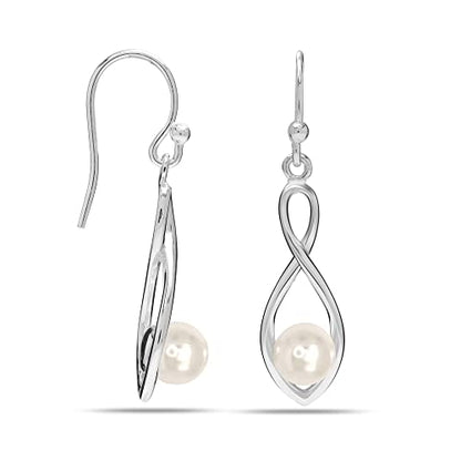 Charmsy 925 Sterling Silver Double Twisted Infinity Dangle Earrings for Women | Linear Marquise Large Loops Classic Infinity Drop Dangle Earrings - color: Infinity with Pearl