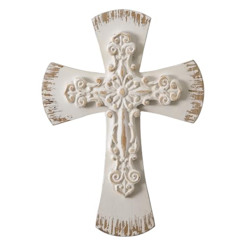 Rustic Wooden Cross for Wall, Handmade Distressed White Crucifix 11" Tall