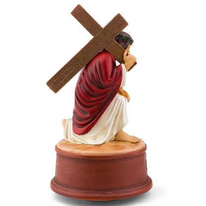 Way of The Cross Jesus Figurine Music Box,Christian Religious Collectible Statue Playing How Great Thou Art,Hand-Painted Jesus Carrying Cross Figurine,Faith Based Prayer Corner Decor,Lent Easter Gift