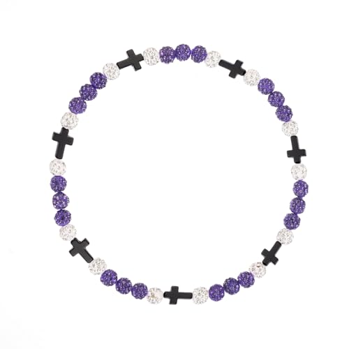 Baseball Bead Cross Necklace for Boys Kids, Elastic Rhinestone Bling Necklace Drip Gifts for Teens Players - color: Black Cross/Purple/White