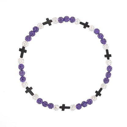 Baseball Bead Cross Necklace for Boys Kids, Elastic Rhinestone Bling Necklace Drip Gifts for Teens Players - color: Black Cross/Purple/White