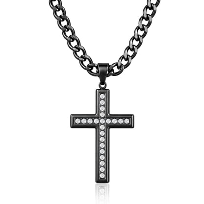 Cross Necklace for Men, Cuban Chain with Cubic Zirconia Pendant - color: BLACK