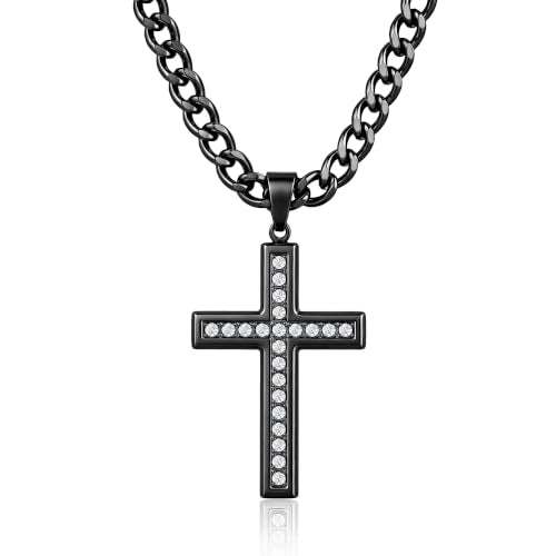 Cross Necklace for Men, Cuban Chain with Cubic Zirconia Pendant - color: BLACK