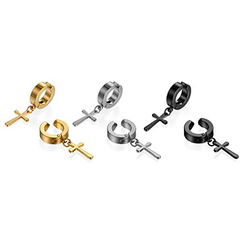 Cupimatch 3-6 Pairs Stainless Steel Cross Dangle Huggie Hinged Hoop Earrings for Men Women (1 Pair Silver Cross) for Mother's Day - color: black-3pack