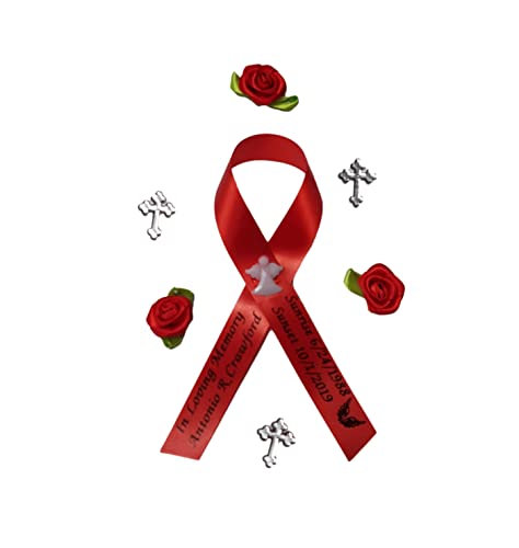 Personalized Memorial Service Funeral Ribbon Pins 20 Cross Religious Celebration of Life Custom Made Awareness Remembrance Anniversary Death Cross Sympathy Name Angel - color: Red