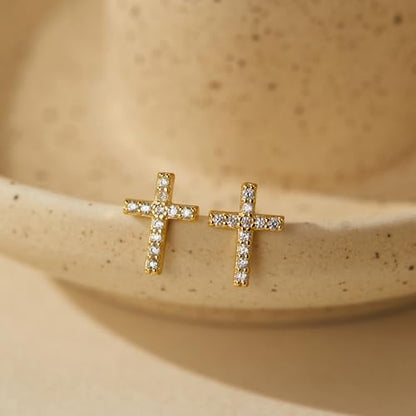 Tiny 925 Sterling Silver Cross Stud Earrings for Women Small Religious Faith Cubic Zirconia Cross Post Earrings - color: 18Kgold plated silver