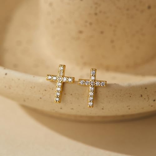 Tiny 925 Sterling Silver Cross Stud Earrings for Women Small Religious Faith Cubic Zirconia Cross Post Earrings - color: 18Kgold plated silver