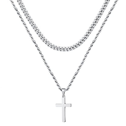Ursteel Layered Cross Necklaces for Men - 18K Gold Plated Cross Necklaces Chain for Men Boys Gifts, Silver Rope Chain Layered Necklace Jewelry 16 18 20 22 24 Inch, First Communion Gifts for Boys - color: Silver, style: 22inch/24inch