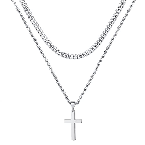 Ursteel Layered Cross Necklaces for Men - 18K Gold Plated Cross Necklaces Chain for Men Boys Gifts, Silver Rope Chain Layered Necklace Jewelry 16 18 20 22 24 Inch, First Communion Gifts for Boys - color: Silver, style: 22inch/24inch