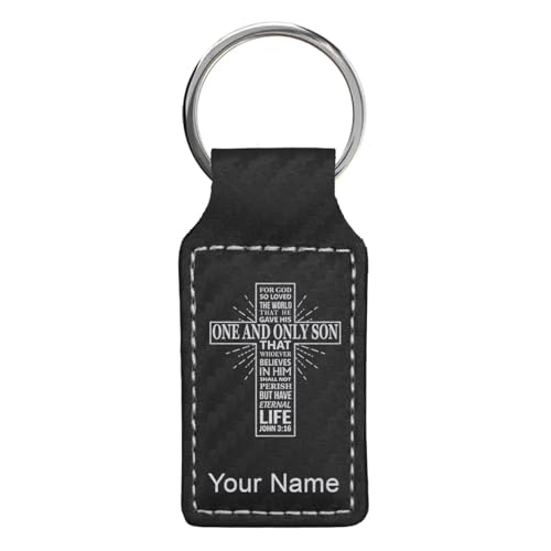 LaserGram Rectangle Keychain, Bible Verse John 3-16, Personalized Engraving Included - color: Carbon Fiber Black With Silver
