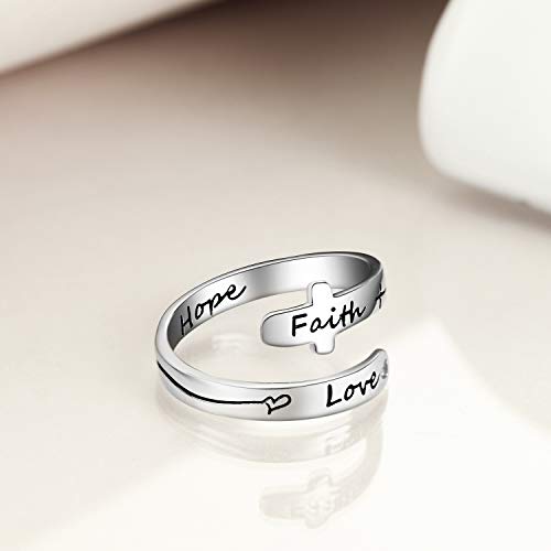 POPLYKE Cross Rings Sterling Silver Faith Adjustable Wrap Rings for Women Inspirational Jewelry Gifts - color: Hope