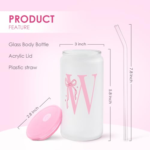SANDJEST Monogrammed Glass Drinking Can Cup with Acrylic Lid and Straw, Personalized Frosted Iced Coffee Tumbler 16oz, Monogram Initial Gifts for Women Girls on Birthday (W) - color: W