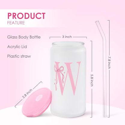 SANDJEST Monogrammed Glass Drinking Can Cup with Acrylic Lid and Straw, Personalized Frosted Iced Coffee Tumbler 16oz, Monogram Initial Gifts for Women Girls on Birthday (W) - color: W