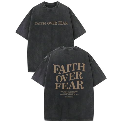 Christian Faith Over Fear Shirt for Men Jesus Religious Shirts Oversized Graphic Tees Acid Wash God T-Shirt - color: Black, size: Medium