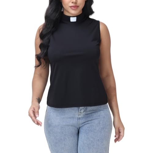 Women's Sleeveless Clergy Shirt - Tab Collar Keyhole Back Pastor Minister Blouse with Removable White Tabs - size: 3X-Large