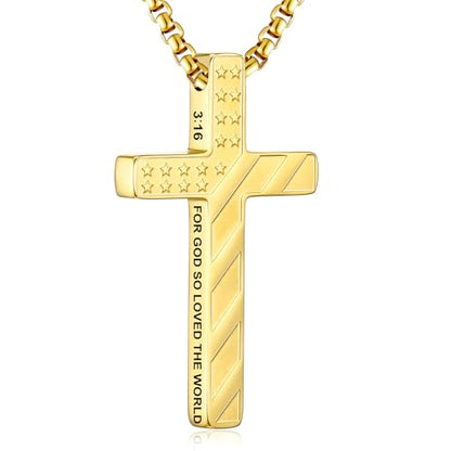 RWQIAN American Flag Cross Necklace for Men,Stainless Steel Bible Verse Cross Pendant Mens Chain,Crucifix Necklace for Christians Teen Baptism Gift Ideas Catholic Men Cool Stuff Personalized Gifts - color: Gold Plated, style: John 3:16