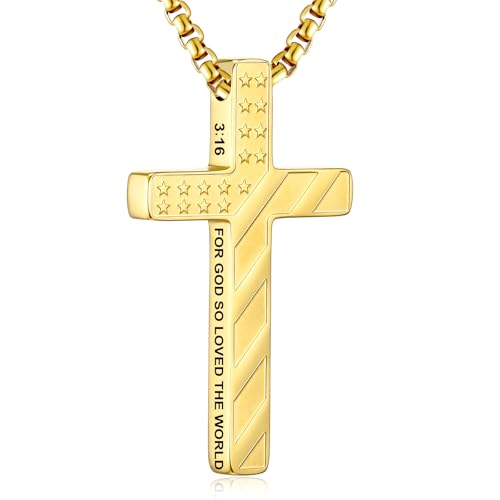 RWQIAN American Flag Cross Necklace for Men,Stainless Steel Bible Verse Cross Pendant Mens Chain,Crucifix Necklace for Christians Teen Baptism Gift Ideas Catholic Men Cool Stuff Personalized Gifts - color: Gold Plated, style: John 3:16