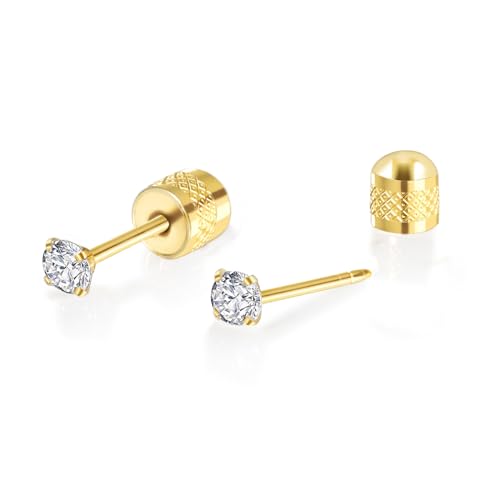 Titanium Earrings Push-in Threadless Flat Back Stud Earrings for Women Men, Cartilage Earring Hypoallergenic Cubic Zirconia Earrings Studs for Helix Tragus Piercing Jewelry - color: Gold-4mm