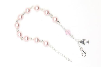 Catholic Communion Rosary Bracelet Created with Swarovski® Crystals, Glass - color: Pearlized Rosaline Pink
