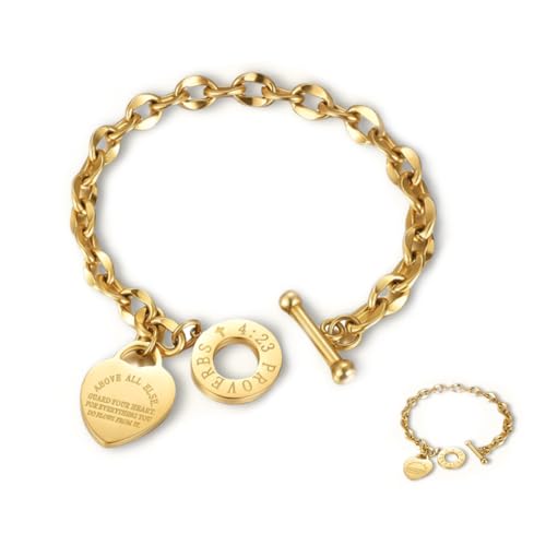 Heart Charm Bracelet Plated 18K Gold/Silver/Rose Gold Bible Scripture Heart Bracelet for Women Jewelry Gift Her Link Chain OT Clasp Stainless Steel - color: 18k Gold（8.1 inch）