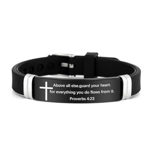 2Pcs Cross Bracelet with Bible Verse,Inspirational Quote Wristband Adjust Silicone Band Scripture Bracelets Faith Inspirational Baptism Gift Daily Reminder Jewelry for Men Women Couples - style: Proverbs 4 23