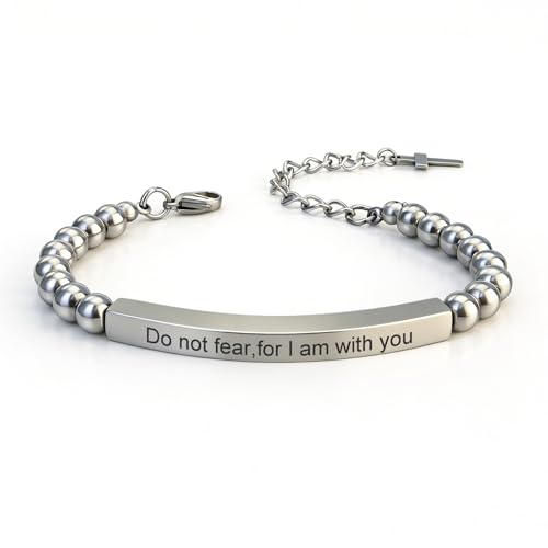 Inspirational Christian Bracelet for Women, Stainless Steel Beaded Cross Jewelry with Bible Verse, Religious Faith Gift for Mom, Daughter, Sister, Friend - color: Do not fear,for I am with you-Silver Bead