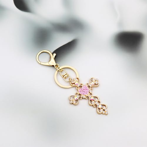 TTYY Stylish Rhinestone Cross Keychain - Sparkling Christian Car Key Ring for Women Men,Religious Gift for Purse Backpack Bag - color: Pink