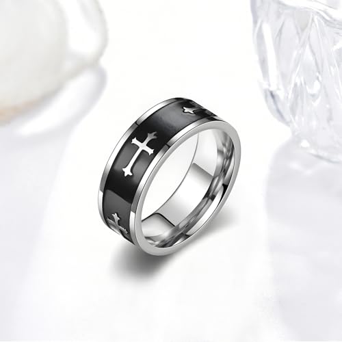 Retro Minimalist Cross Ring 8mm Stainless Steel Black Oxidation Corrosion Ring Anti Tarnish Classic Band Ring Fashion Jewelry for Men Women,Size Available - style: big cross