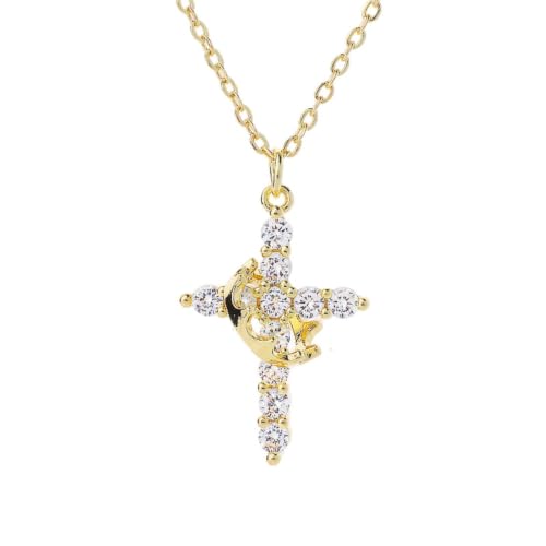 Upgraded Crown Cross Necklace for Women, CZ Pendant 18+2 - color: gold