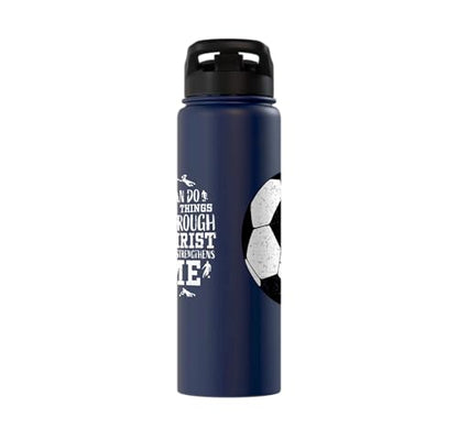 Christian Soccer Faith Graphic Bible Verse Philippians 4:13 Stainless Steel Insulated Water Bottle - color: Navy Blue