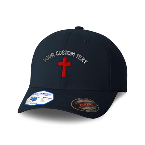 Flexfit Cap for Men & Women Embroidered Cone Cross Red Jesus Faith Christ God Flexfit Hats Baseball Caps - color: Dark Navy Personalized Text Here, size: Small-Medium