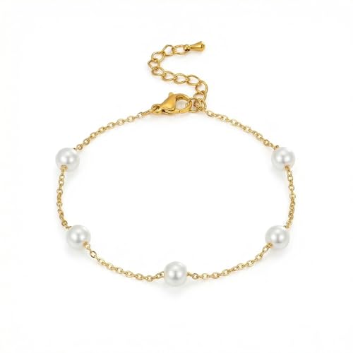 18K Gold Plated Pearl Beaded Cross Bracelets for Women Adjustable - color: Multi Pearls-Gold