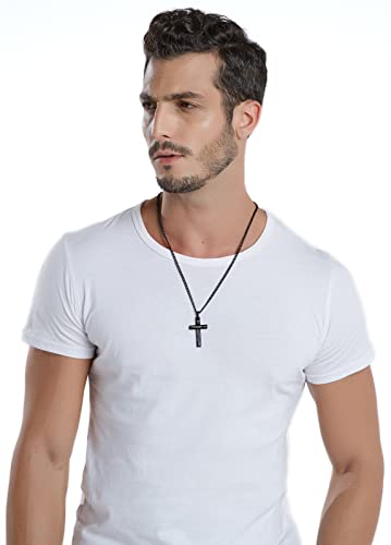 REVEMCN Black & Silver Bible Verse Cross Necklace for Men Boys 20-24" Chain - color: Corinthians 13:7 - Black