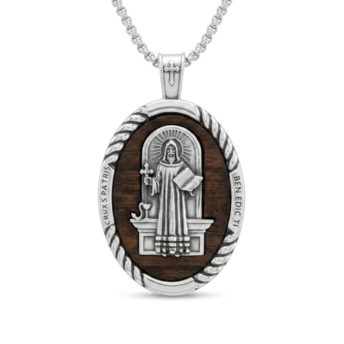 ONEFINITY Wooden Necklace Viking Wolf/St Benedict Medals/St Michael/Crucifix/St Christopher Pendant Necklace for Men Archangel Amulet Wooden Religious Jewelry Gifts for Men Women - style: St Benedict-Oval
