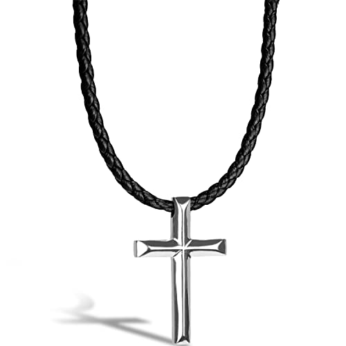 SERASAR Premium Leather Necklace Men | Stainless Steel Pendant | Secure Clasp | Three Colors | Jewelry Box Included - color: Silver, size: 60cm, style: Cross