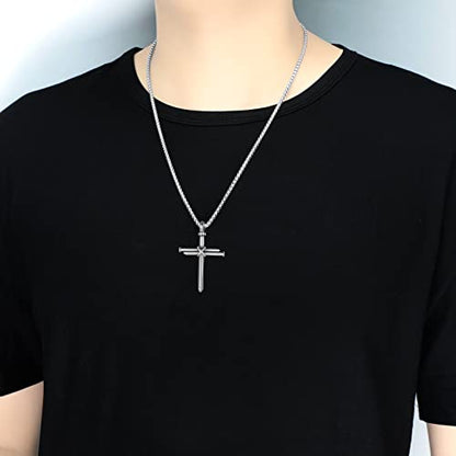 Nail Cross Necklace for Men Stainless Steel Chain 24inch 3 Nails Jesus Cross Pendant Christian Gifts for Dad 3 Colors - color: Silver