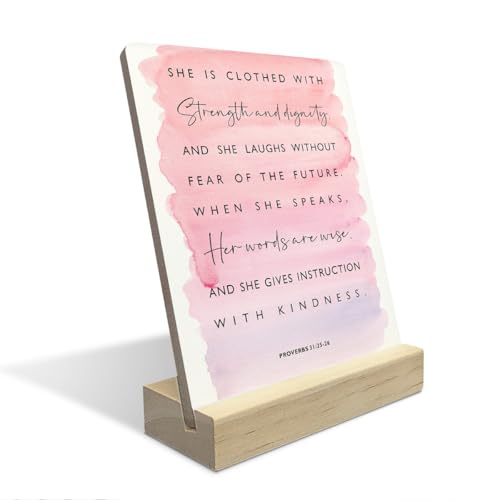 Inspirational Proverbs 31 Woman Gifts She Is Clothed With Strength And Dignity Bible Verse Desk Decor Rustic Plaque With Wood Stand, Watercolour Christian Wood Sign for Home Office Shelf Decor - color: Kindness