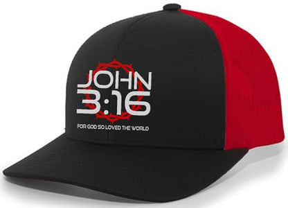 Christian John 3:16 for Got So Loved The World Mens Embroidered Mesh Back Trucker Hat - color: Black/Red