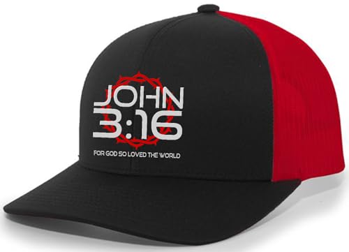 Christian John 3:16 for Got So Loved The World Mens Embroidered Mesh Back Trucker Hat - color: Black/Red