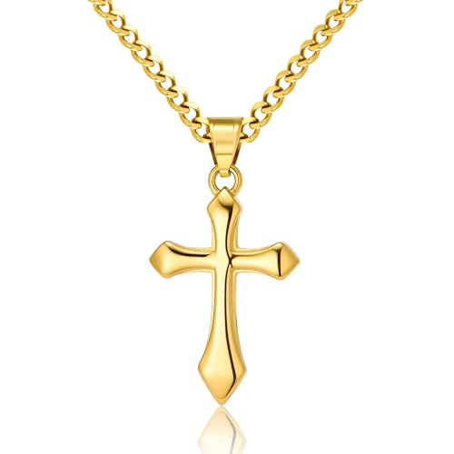 ALEXCRAFT Gold Cross Necklace for Men,14K Gold Plated Cross Pendant Necklace Cuban Chain Stainless Steel Cross Necklace Faith Cross Jewelry Gift Minimalist Trendy Pendant Necklaces - color: Gold
