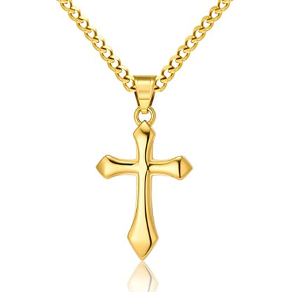 ALEXCRAFT Gold Cross Necklace for Men,14K Gold Plated Cross Pendant Necklace Cuban Chain Stainless Steel Cross Necklace Faith Cross Jewelry Gift Minimalist Trendy Pendant Necklaces - color: Gold
