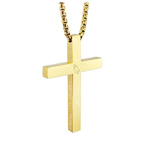 Cross Necklace Stainless Steel Necklace Religious Bible Verse Pendant Crucifix Necklace Faith Jewelry with 22' Chain - style: I can do all things - gold