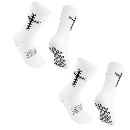 Christian Soccer Socks,Cross Grip Anti Slip Religious Football Socks with Rubber Dots for Youth and Men - color: White