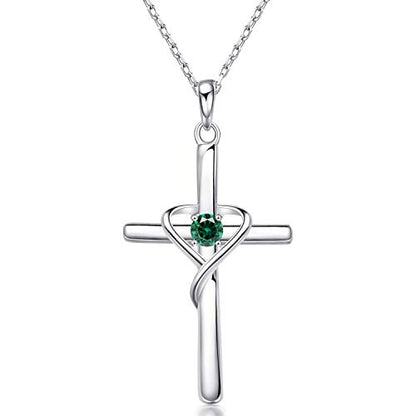 AmorAime 925 Sterling Silver Cross Necklace for Women Men 14K Gold Plated 5A CZ Birthstone Necklaces for Holiday - color: E.Green-May-Emerald