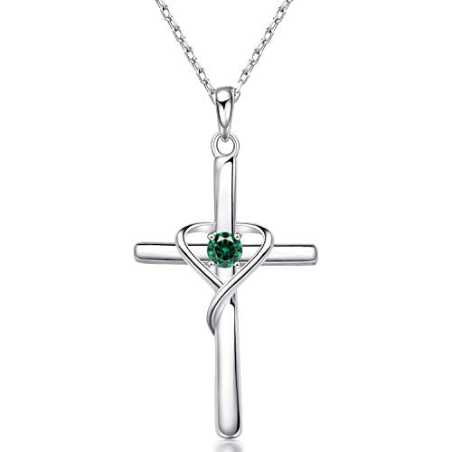 AmorAime 925 Sterling Silver Cross Necklace for Women Men 14K Gold Plated 5A CZ Birthstone Necklaces for Holiday - color: E.Green-May-Emerald