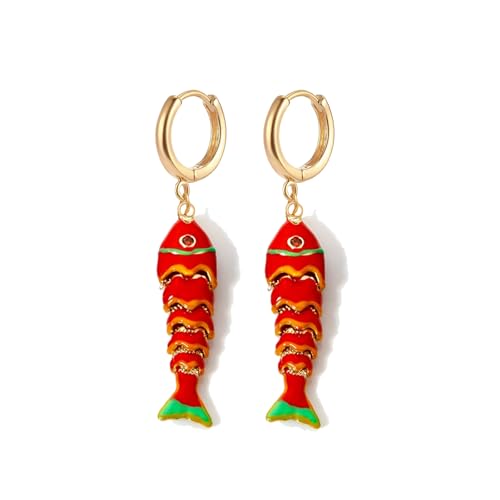 Color Boho Fish Earring for Women, Gold Huggie Hoops Dangle Colorful enamel Summer Beach 3D Stereo Tiny Fish Drop Earrings Ocean Minimalist Statement Jewelry Gift - color: Red Enamel