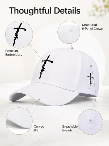 Embroidered Cross Baseball Cap, Christian Adjustable Snapback Hat for Men & Women, Structured Dad Hat with Jesus Faith Design - color: White