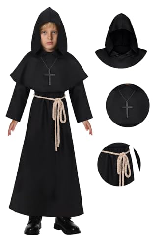 Kids Medieval Monk Robe Hooded Friar Cloak - color: Black, size: Large