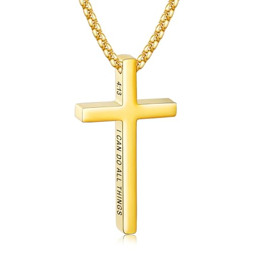 Avotto 316L Stainless Steel Bible Verse Cross Necklace Religious Jewelry Gifts for Men Boys, Silver Gold Black Mens Boys Necklace Non-Fading Sturdy Box Chain with Inspirational Cross Pendant 18+2Inch - color: Gold, style: 4:13